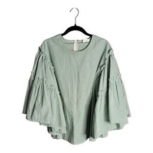 DRA Green and White Striped Blouse With Flared Ruffle Sleeves Zipper Back Size S
